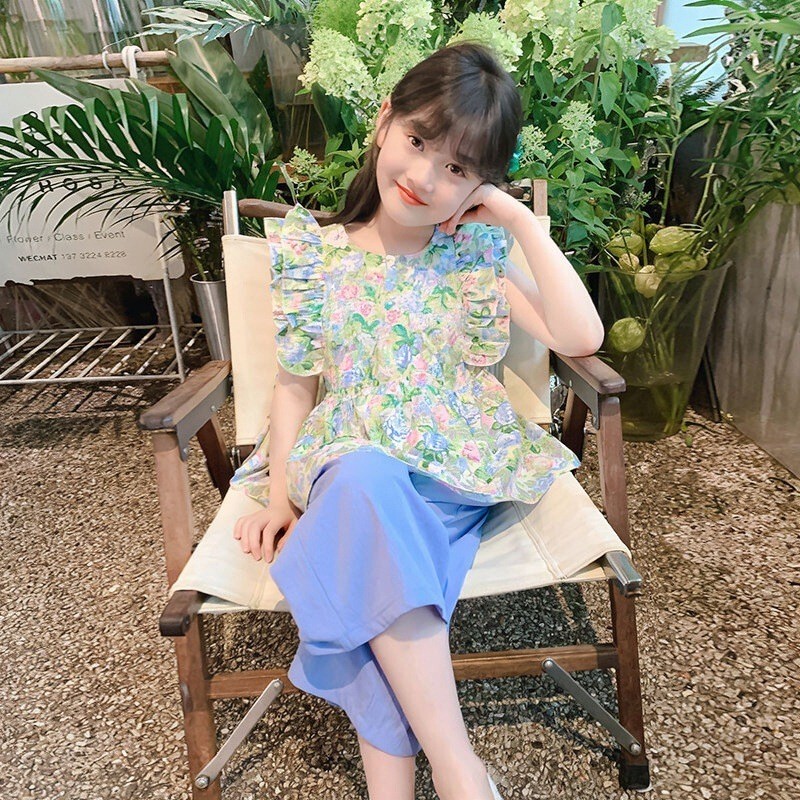 ชุดเซตเด็กผู้หญิง เสื้อพร้อมกาวเกง ชุดเด็กผู้หญิงน่ารัก สีสันสดใส เสื้อลายดอก กางเกงผ้าไหม เหมาะสำหรับฤดูร้อน ผ้าใส่สบาย - รูปที่ 3