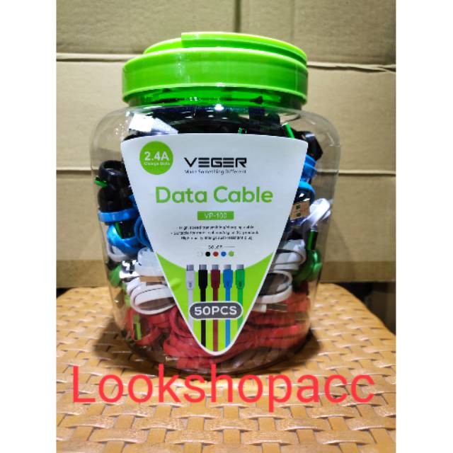 VEGER VP-100 DATA CABLE สําหรับ TYPE-C (1 JAR CONTAINS 50 ชิ้น) 2.4A 100CM FAST CHARGING