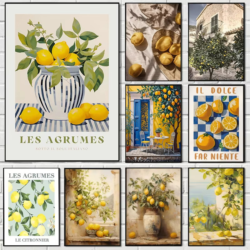 Retro Lemon Garden ผ้าใบโปสเตอร์ Fresh Lemon Olive Tree Wall Art พิมพ์สําหรับห้องนั่งเล่นที่ทันสมัย Office & ฤดูร้อนตกแต่งบ้านของขวัญ
