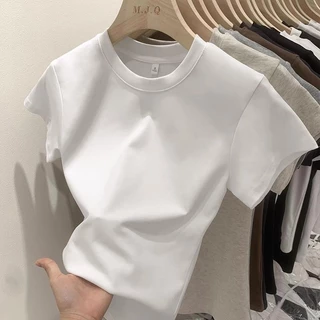 เสื้อยืดผู้หญิงแขนสั้น เสื้อยืด ไหล่หน้า แขนสั้น ฤดูร้อน ผู้หญิง ใหม่ คอกลม สลิม สกินนี่ เสื้อยืนพื้นฐาน ท๊อป