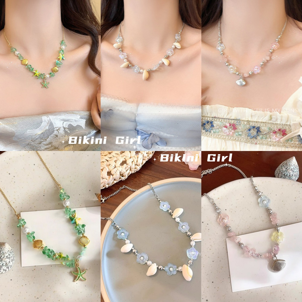สร้อยคอ   เครื่องประดับแฟชั่นผู้หญิง  การตกแต่งเปลือกหอย  ไปทะเล   รูปทรงดอกไม้หลากสไตล์