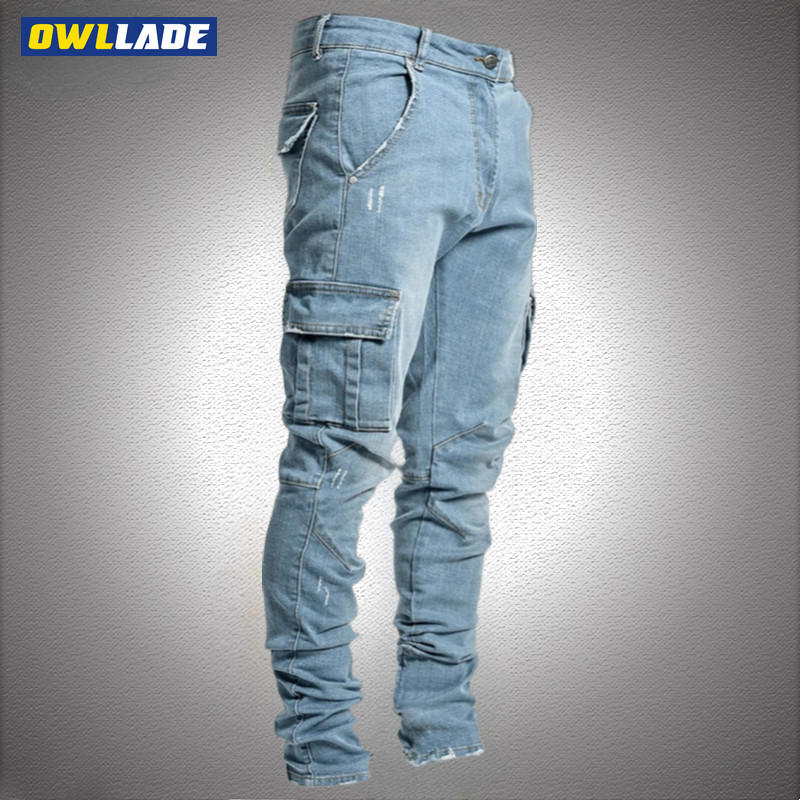 OWLLADE Skinny Slim Fit Denim Cargo Jeans Pants for Men L0066 สีน้ําเงิน C03 2T