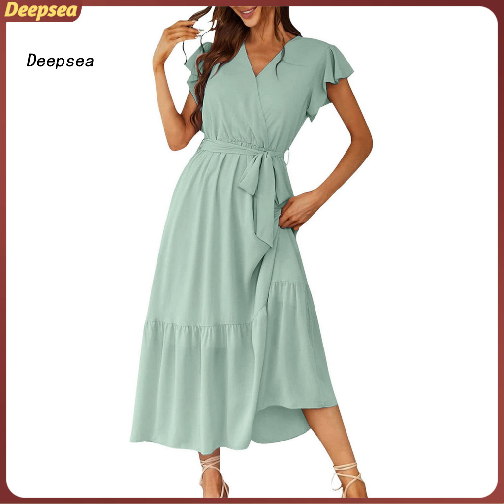 DPA ชุดลินิน Boho Beach Midi สำหรับผู้หญิง แขนระฟเฟิล หมวกฤดูร้อน V คอ A-line Swing Sundress สำหรับต