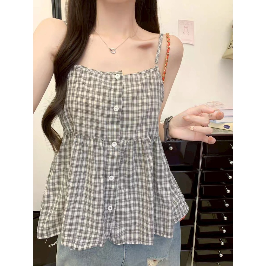 JJ Shop​💜พร้อมส่ง เสื้อสายเดี่ยว ลายสก็อต สีแดงดำ ทรงลวมๆปลายปล่อยน่ารักๆ 