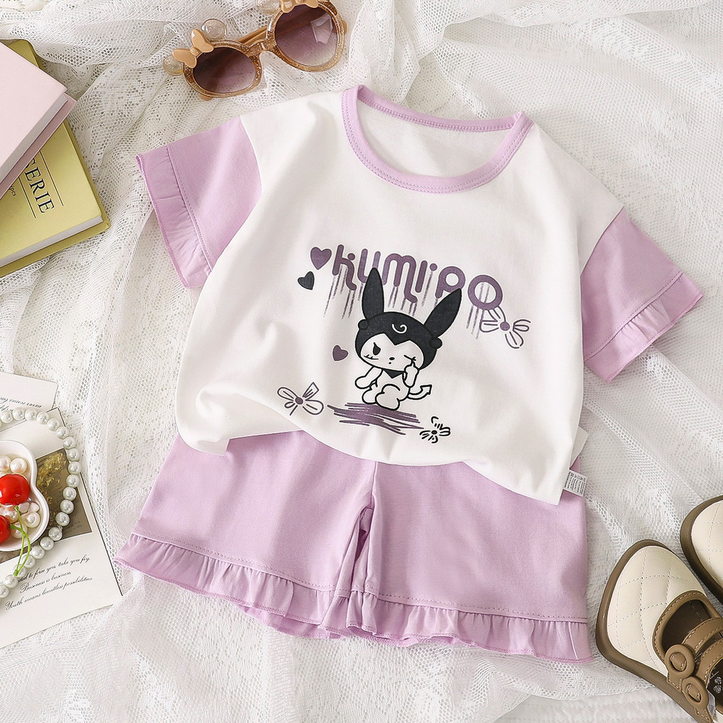 [RJ] 73-140ซมชุดสูทเด็กผู้หญิงฤดูร้อนสไตล์ใหม่ชุดนอนผ้าฝ้ายแท้ลูกไม้เด็กแขนสั้นเสื้อยืดหญิง ชุดบ้าน สไตล์บางเสื้อผ้าเด็ก