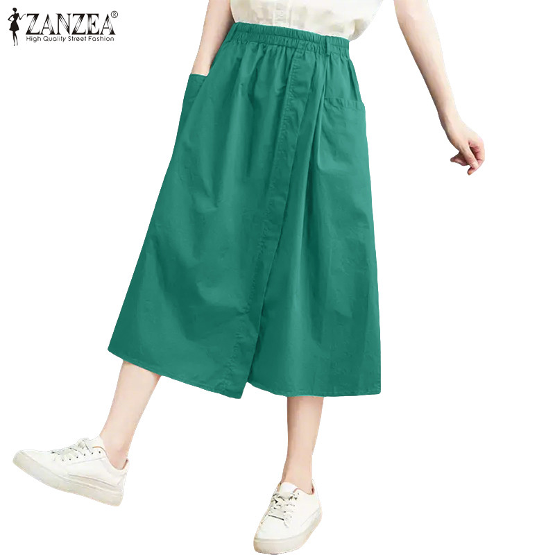 ZANZEA ใส่ ซานเซีย ผู้หญิงเกาหลีสบายๆหลวมแข็งเอวยางยืดด้านข้างกระเป๋ากระโปรง