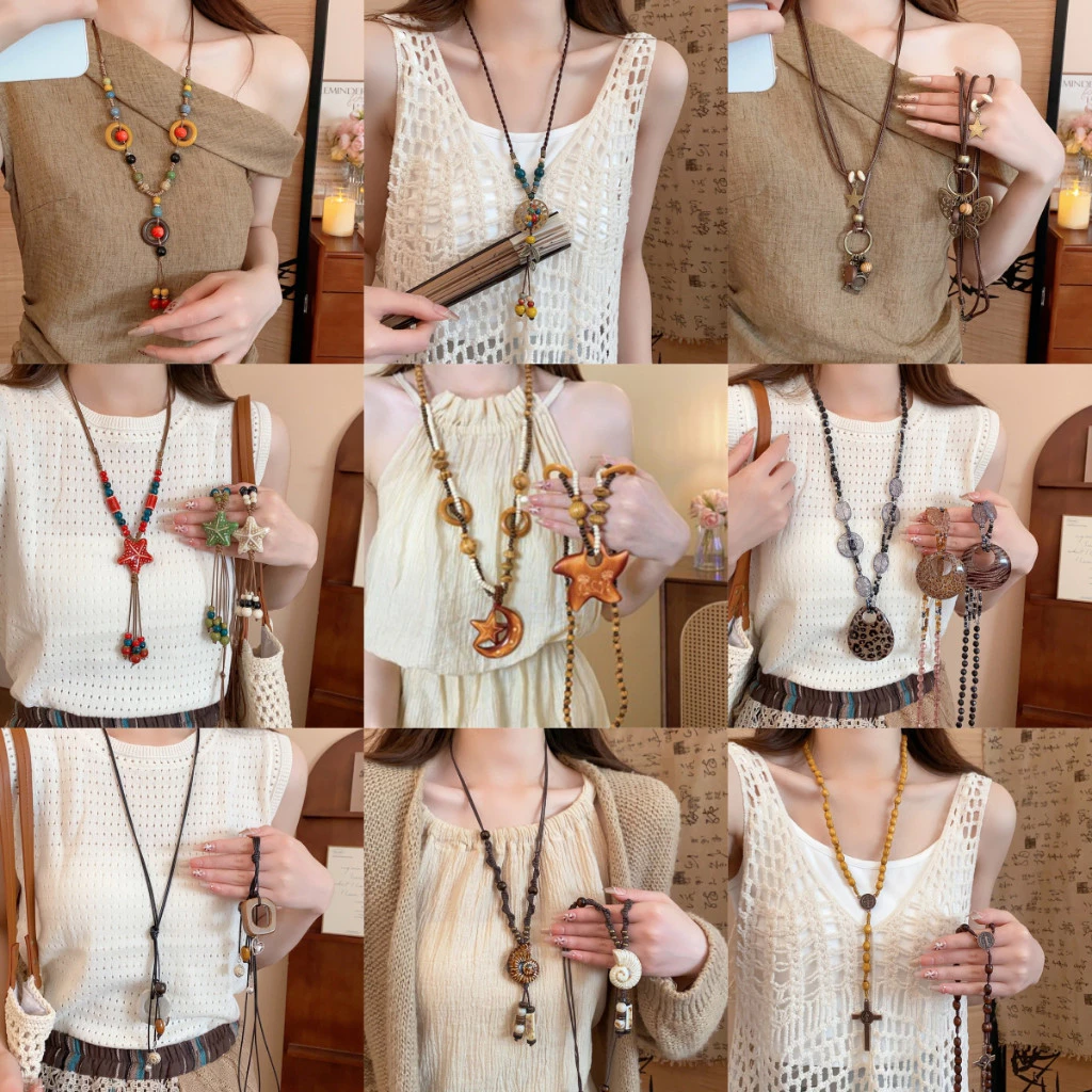 โบโฮ สไตล์ขี้ผึ้งเชือกผีเสื้อปลาดาวจี้สร้อยคอย้อนยุคแมทช์ง่ายสร้อยคอยาวอุปกรณ์เสริมแฟชั่นสําหรับผู้หญิง