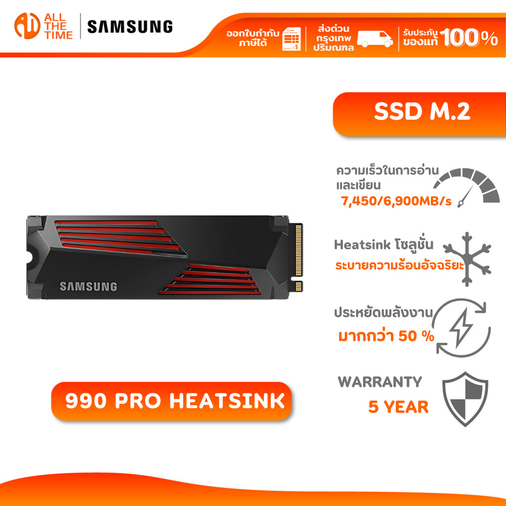 SAMSUNG 990 PRO Heatsink SSD M.2  7,450 / 6,900 MB/s ความจุ 2TB (990 PRO Heatsink / MZ-V9P2T0CW)