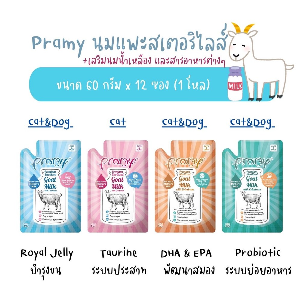 (ยกโหล 12 ซอง) Pramy Goat Milk พรามี่ นมแพะสเตอริไลส์ สำหรับสุนัข และแมว 1 สัปดาห์ขึ้นไป เสริมนมน้ำเหลือง ขนาด 60g