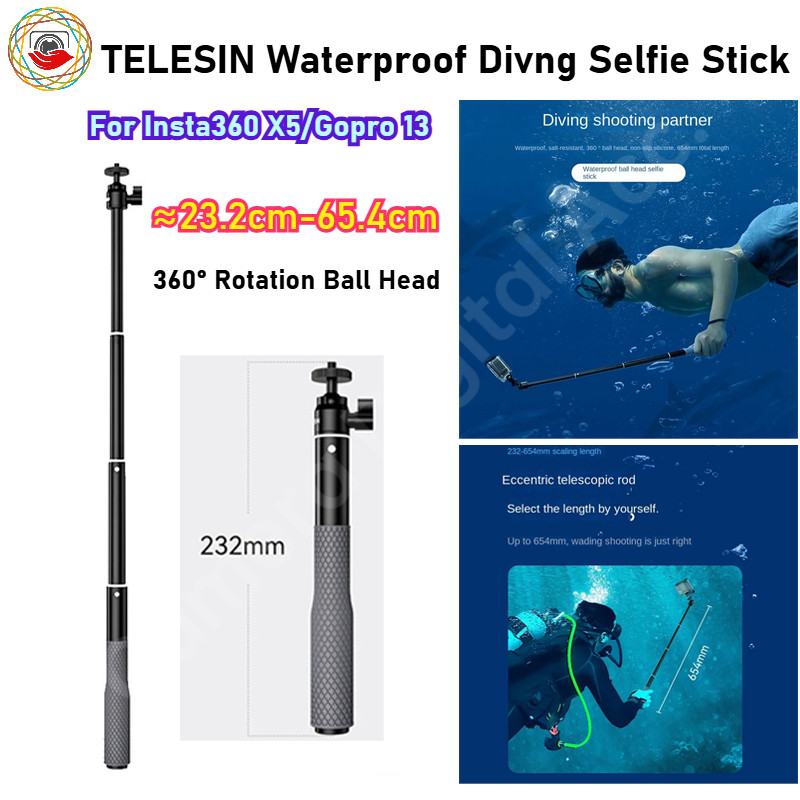 TELESIN ไม้เซลฟี่กันน้ํา Divng Floaty Monopod 360° ไม้เซลฟี่หัวบอลหมุนสําหรับ Gopro 13 Insta360 X5 X