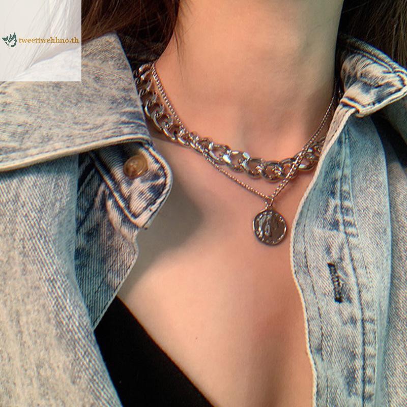 Tweetwehhno 1 ชิ้น Vintage Multi-layer เหรียญสร้อยคอสร้อยคอผู้หญิงทองเงินสี TH