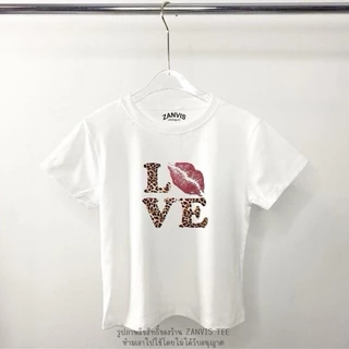 เสื้อครอปเข้ารูป ทรงสวย เก็บทรงดูผอมผ้ายูนิสกรีนลายเสือ LOVE KISS,I LOVE ME,Poolเสือ เนื้อนุ่ม ใส่สบาย ยืดได้เยอะ