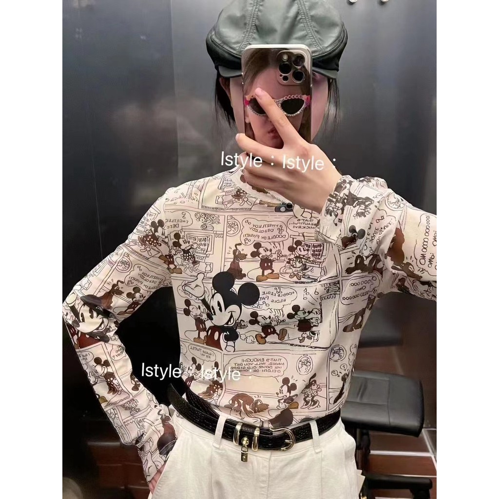 ฤดูใบไม้ผลิฤดูร้อนสไตล์ใหม่การ์ตูน Mickey ผ้าไหมน้ําแข็งตาข่ายเสื้อยืดแขนยาวผู้หญิงเวอร์ชั่นเกาหลี Top Layered All-Match