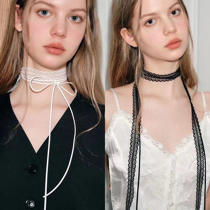 สายคล้องคอโบว์ลูกไม้สีขาวย้อนยุคสําหรับผู้หญิงแฟชั่นและเรียบง่ายสองชั้นยาวพู่ผ้าพันคอสร้อยคอเครื่องประดับคออเนกประสงค์