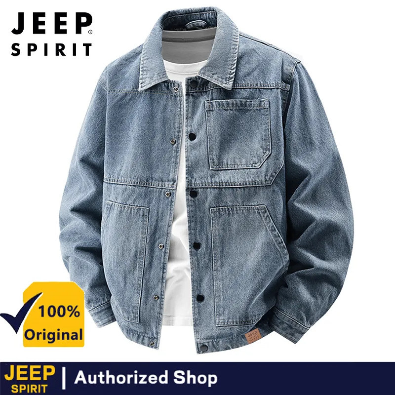 JEEP SPIRIT แจ็คเก็ตยีนส์ผู้ชายแบบสบาย ๆ ชุดทํางานแฟชั่นฤดูใบไม้ผลิและฤดูใบไม้ร่วงใหม่