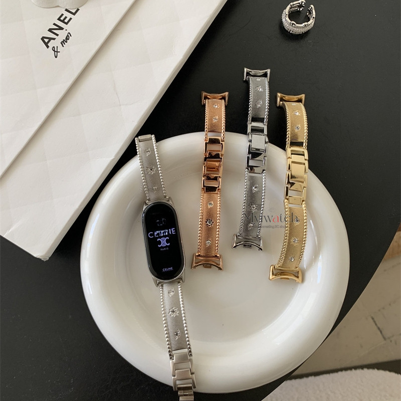 Starry สร้อยข้อมือสายโลหะสําหรับ Xiaomi Mi Band 10 9 8 7 6 5 3 4 Star Diamond Design สร้อยข้อมือแฟชั่น Miband สําหรับ Xiao Mi 9 8 Pro Huawei Fit3 20 มม.18 มม.22 มม.Redmi Band
