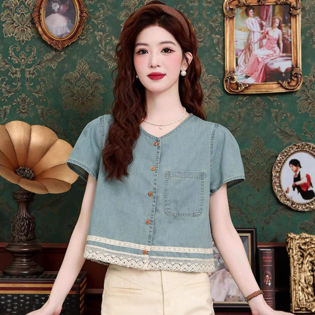 ส่งไวจากไทย Summer S-2XL พลัสขนาดลูกไม้ยีนส์แขนสั้นเสื้อผู้หญิงฤดูร้อนหลวมพอดีเสื้อยืดด้านบน
