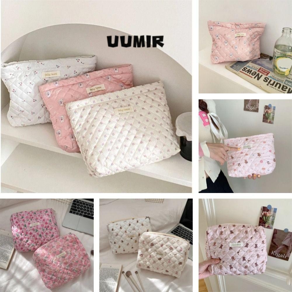 UUMIR Quilted Makeup Bag, Clutch Bag Large Capacity Floral Cosmetic Pouch, Portable Lipstick Storage Organizer Cotton Travel Toiletry Bag Women