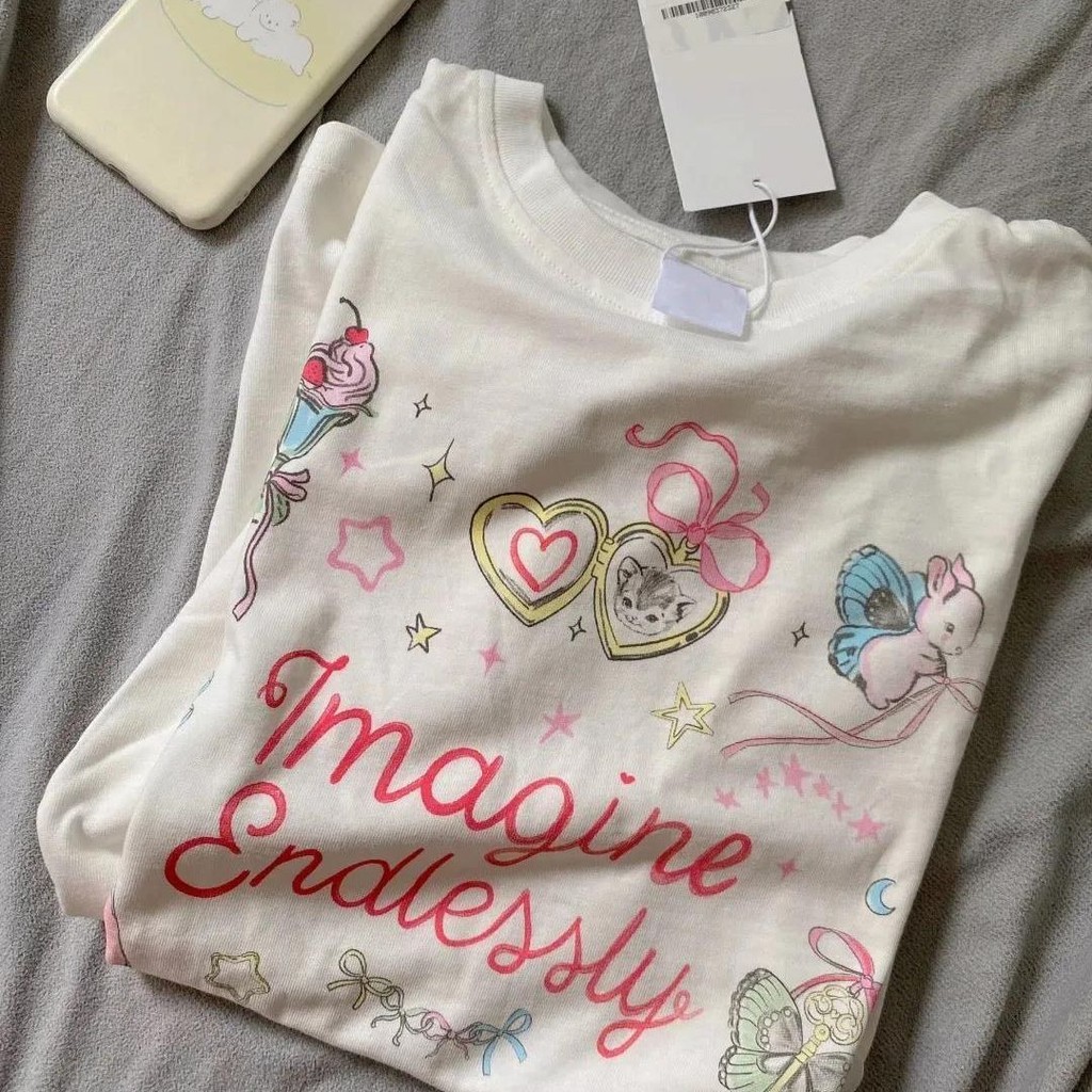 ผู้หญิงวินเทจน่ารักพิมพ์เสื้อยืดฤดูร้อนการ์ตูนแขนสั้นด้านบน