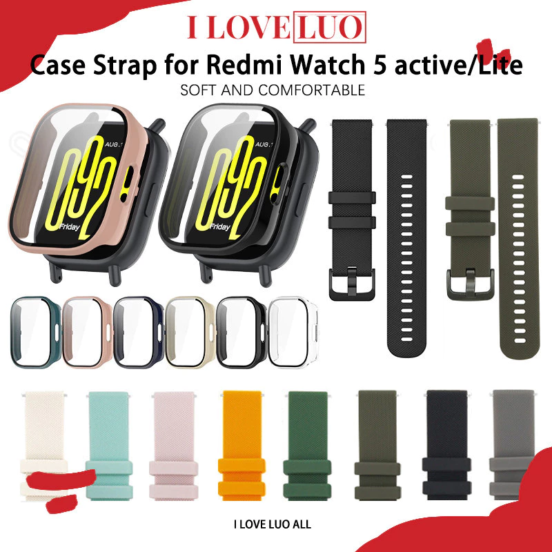 กรณีพีซีสายซิลิโคน 22มม for Redmi Watch 5 Active/Redmi Watch 5 Lite กระจกนิรภัยป้องกันหน้าจอฝากกันชนยางปล่อยอย่างรวดเร็ว