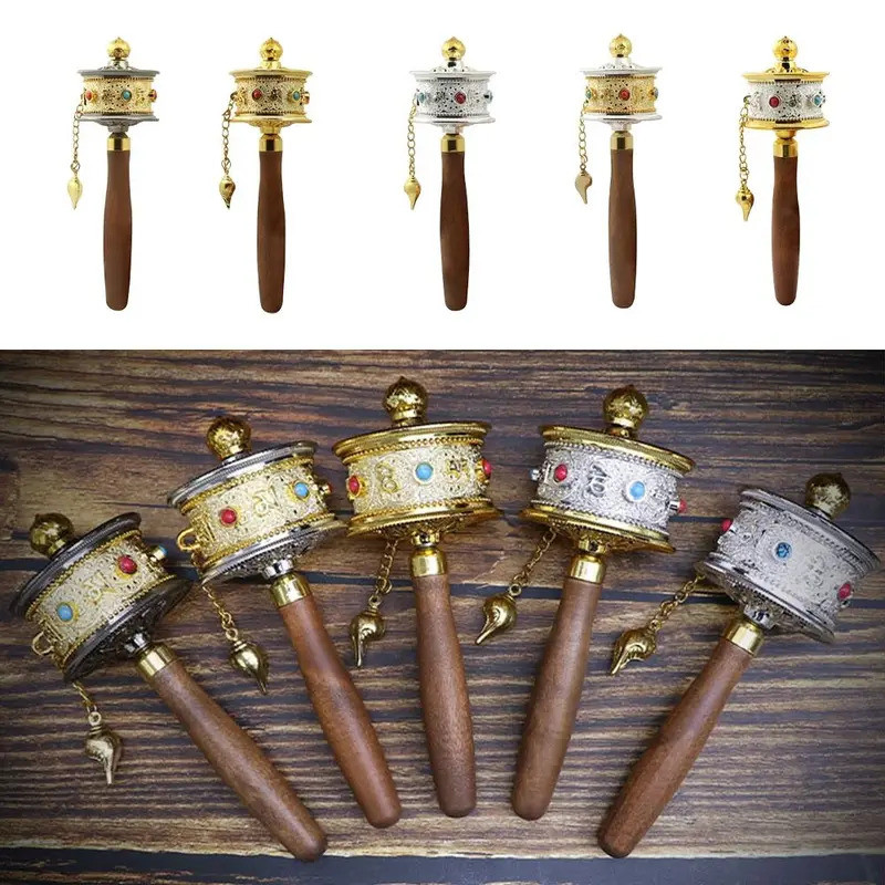 Hand Cranking Tibetan Prayer Wheel Double Bearing Colourful Turn Praying Instrument Wooden Handle Sp