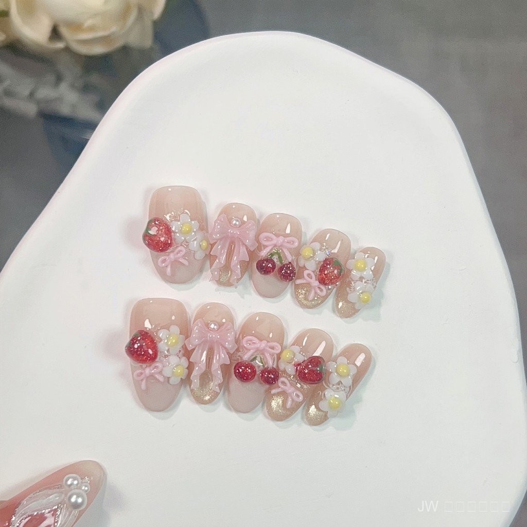 JW ส่งฟรี เล็บปลอมหวานปัง 🍓 ลายผลไม้+โบว์สไตล์สาวน้อย ✨ (ทำมือ100%) 💅