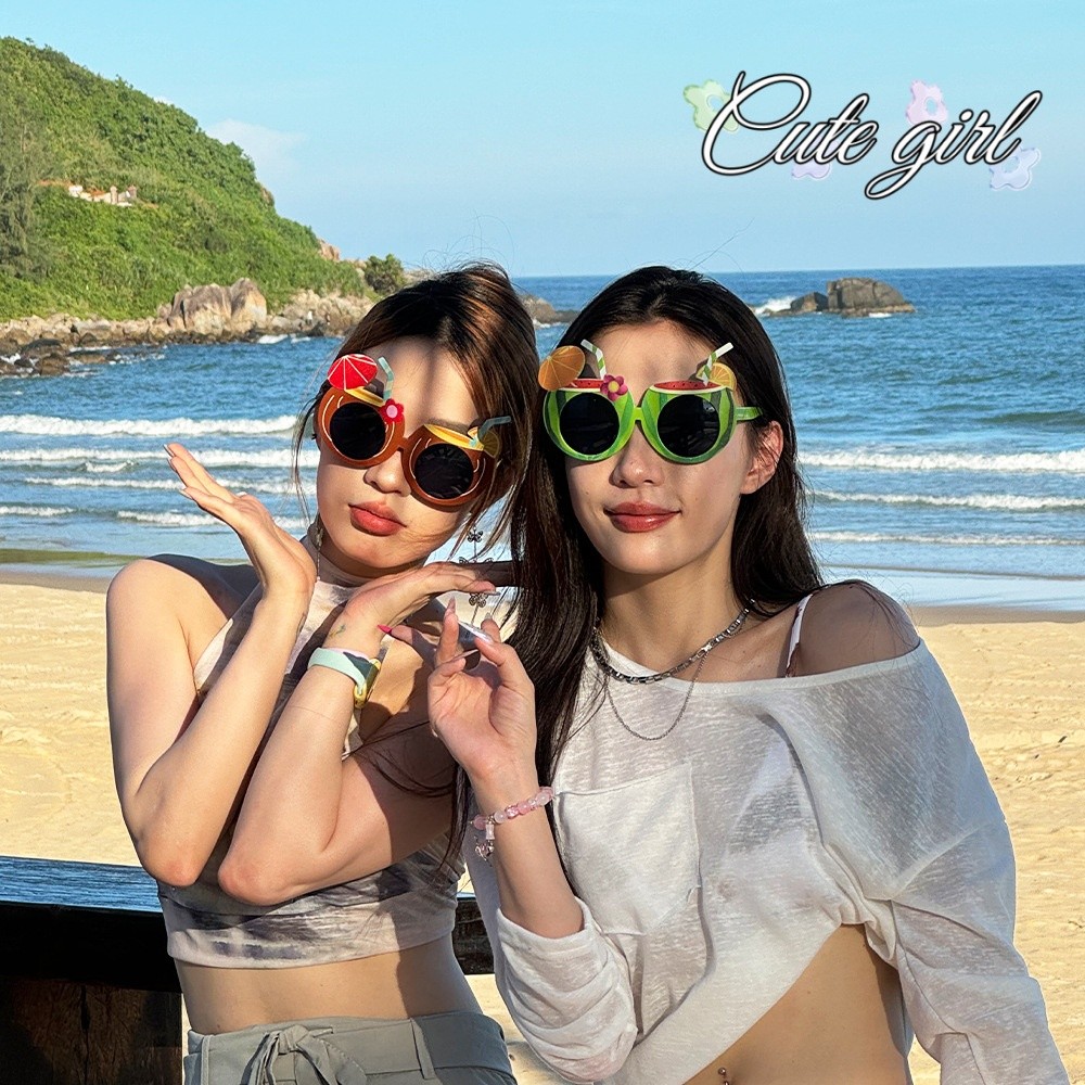 Cute_Girl 😎😎 แว่นกันแดด แก้วไวน์แตงโมและมะพร้าว ลายการ์ตูน น่ารักและตลก แว่นกันแดดการ์ตูน