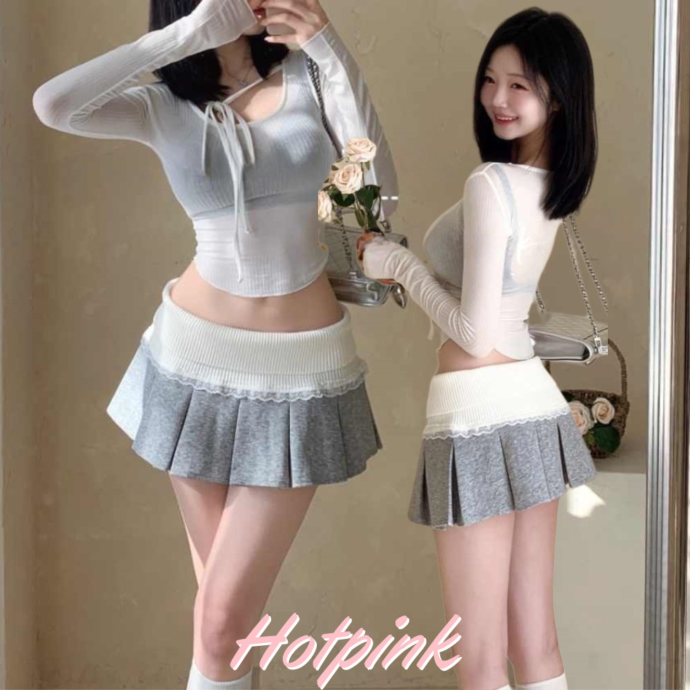 Hotpink ส่งจาก Bangkok🔥 สาวร้อนลูกไม้เย็บจีบ กระโปรงสีเทา 2025 กระโปรงสั้น กระโปรงเอวสูง