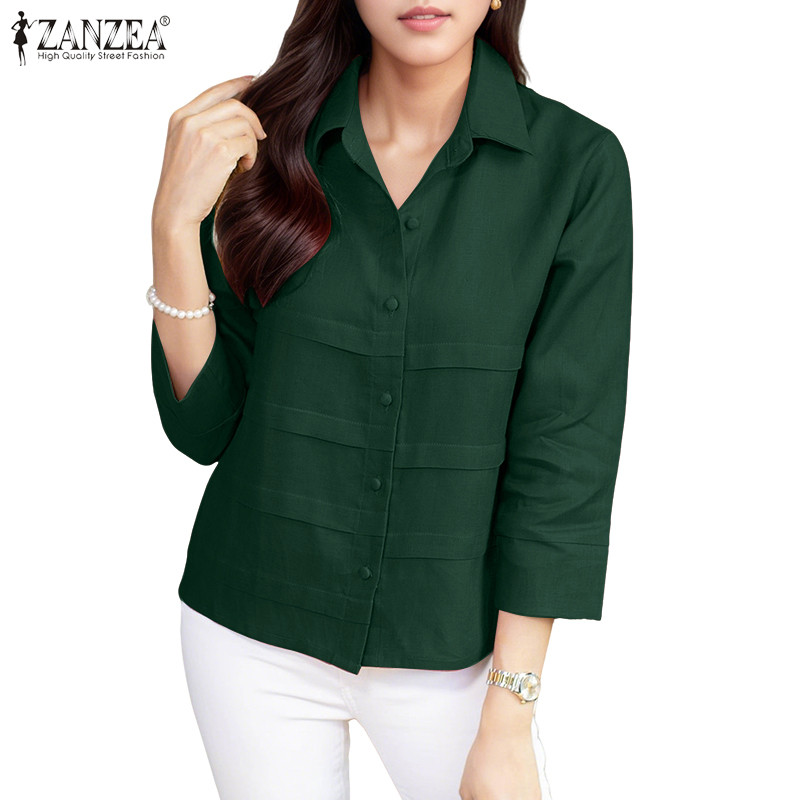 ZANZEA ผู้หญิงเกาหลี Commute Turn-Down-Collar 3/4 แขนจีบปุ่มลงเสื้อ