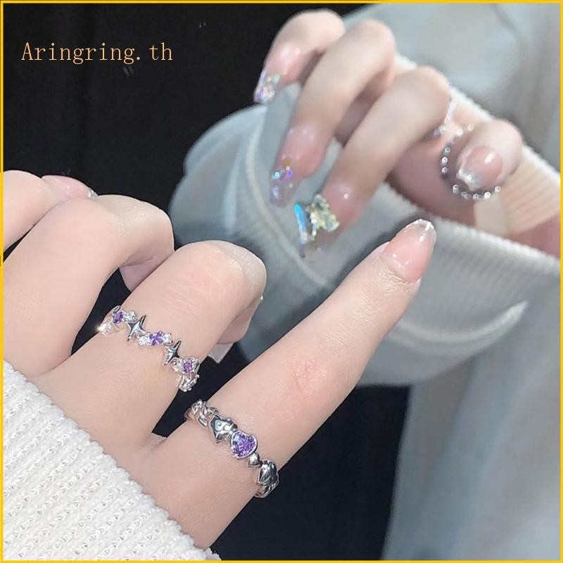 ARIN 2 แพ็คแหวน Rhinestone สีม่วง เครื่องประดับแหวนหมั้น Y2K