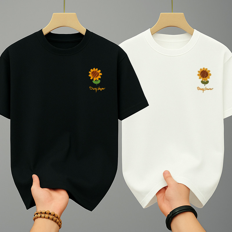เสื้อคู่รักชายหญิง คู่แฟน ดอกทานตะวัน oversize สกรีนลายน่ารัก ผ้านุ่มๆ เสื้อยืดแฟชั่น เสื้อยืดคอกลม