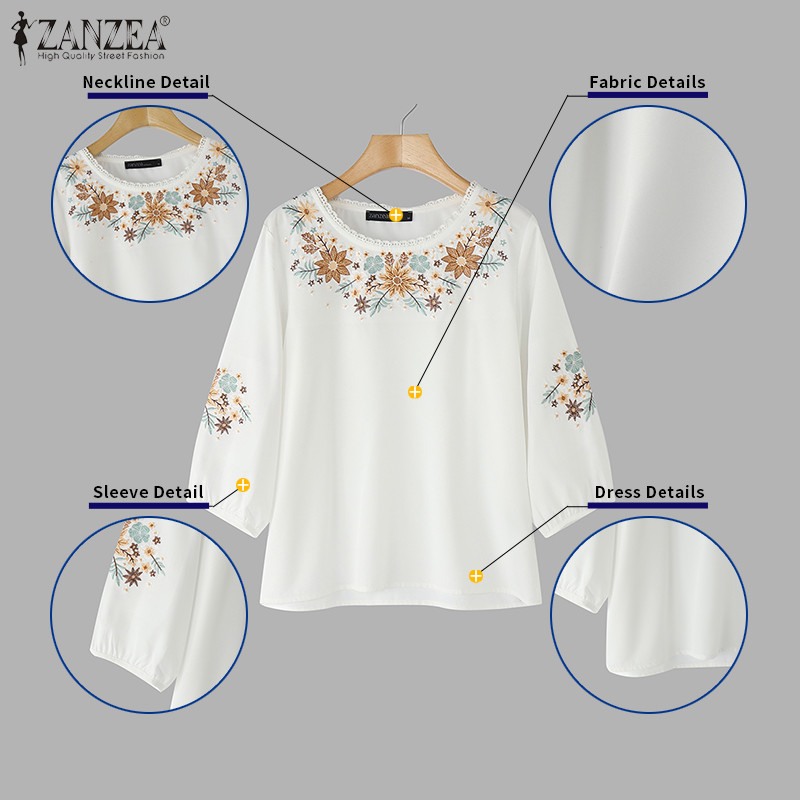 ZANZEA ซานเซีย เสื้อลายดอกไม้สำหรับผู้หญิงสไตล์เกาหลีวินเทจคอกลมแขนยาว 3/4 - รูปที่ 5