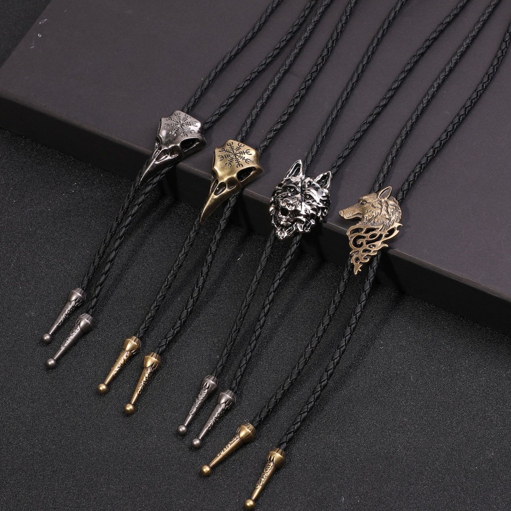 แฟชั่น Bolo Tie เชือกถักมือโซ่เสื้อกันหนาวยาว Retro Wolf Headed Undead Bird สร้อยคอผูกโบว์