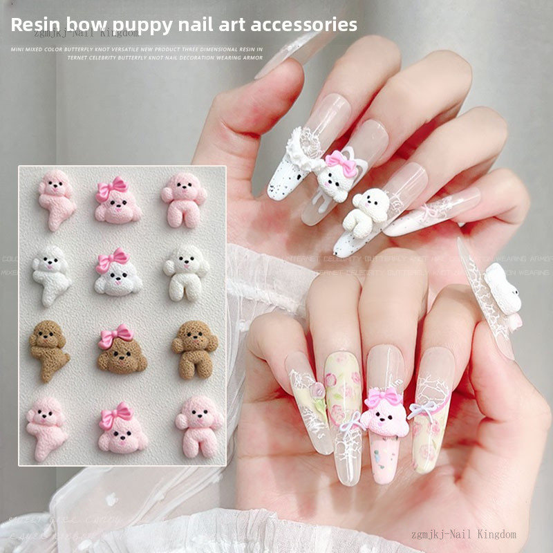 อุปกรณ์ตกแต่งเล็บรูปลูกหมาน่ารัก 5 ชิ้น พร้อมโบว์และหมี / เรซิ่นตกแต่งเล็บ Bichon สีชมพู / ตกแต่งแพทช์ DIY