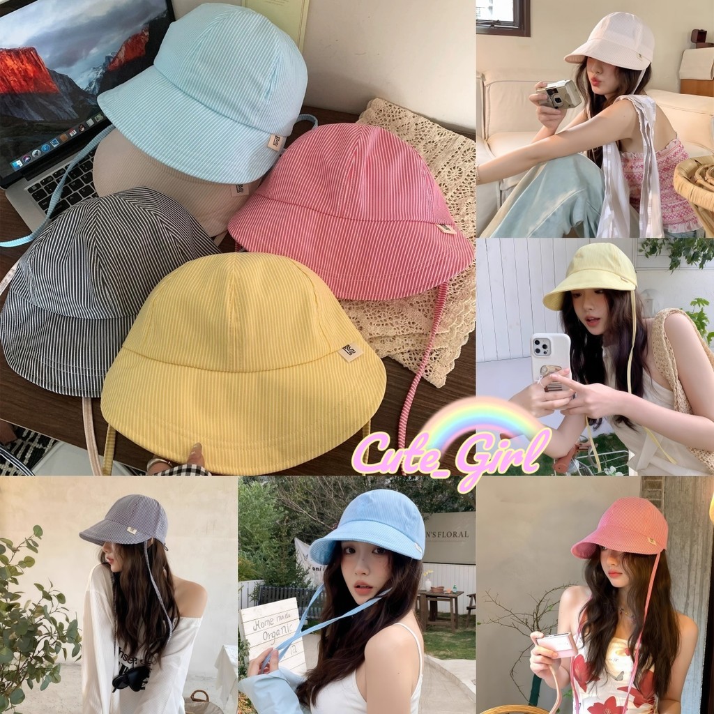 Cute_Girl 🥰🥰 หมวกแฟชั่นผู้หญิง สีสันสดใหม่หลากหลาย ลายทาง การป้องกันแสงแดด หวานและน่ารัก หมวกบักเก็ต