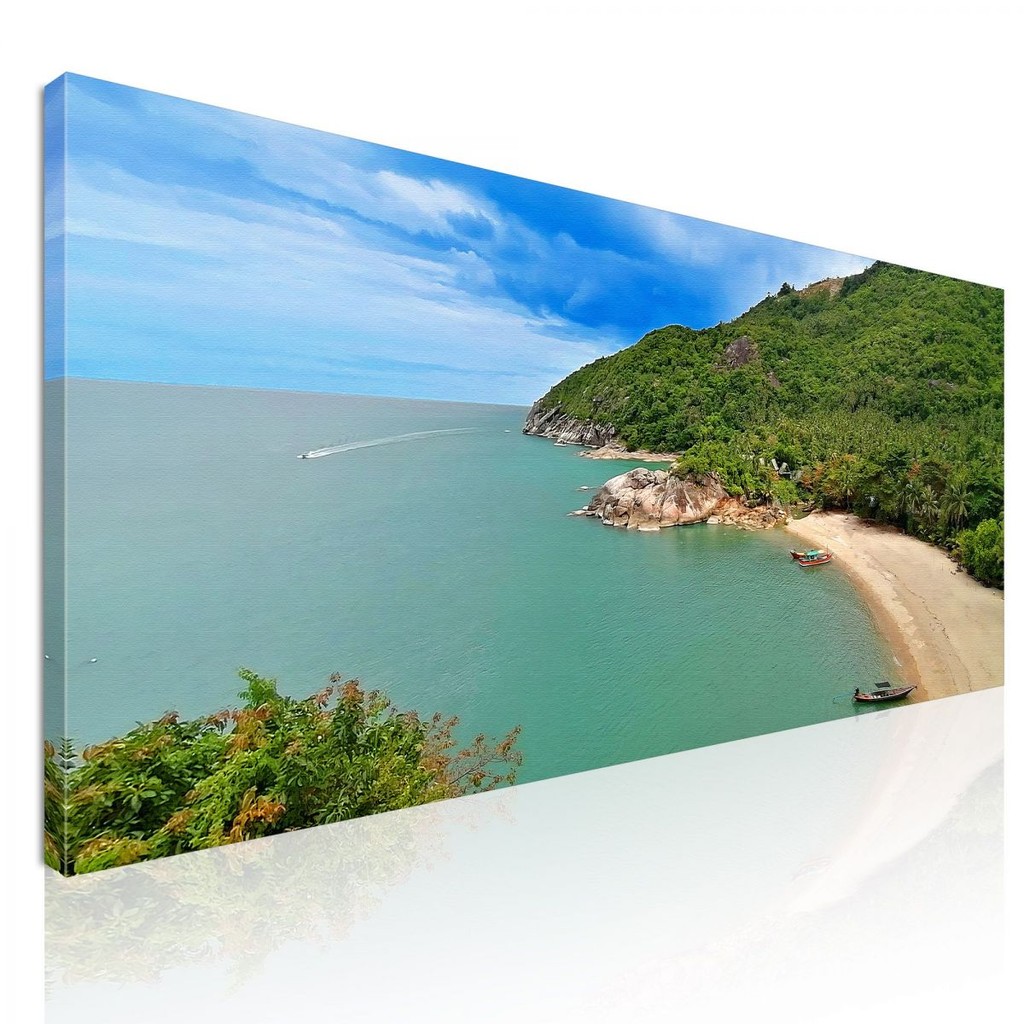 Sea Landscape Painting View Of Koh Phangan With Quiet Beach And Green Hills , seal26 ภาพพิมพ์บนผ้าใบ