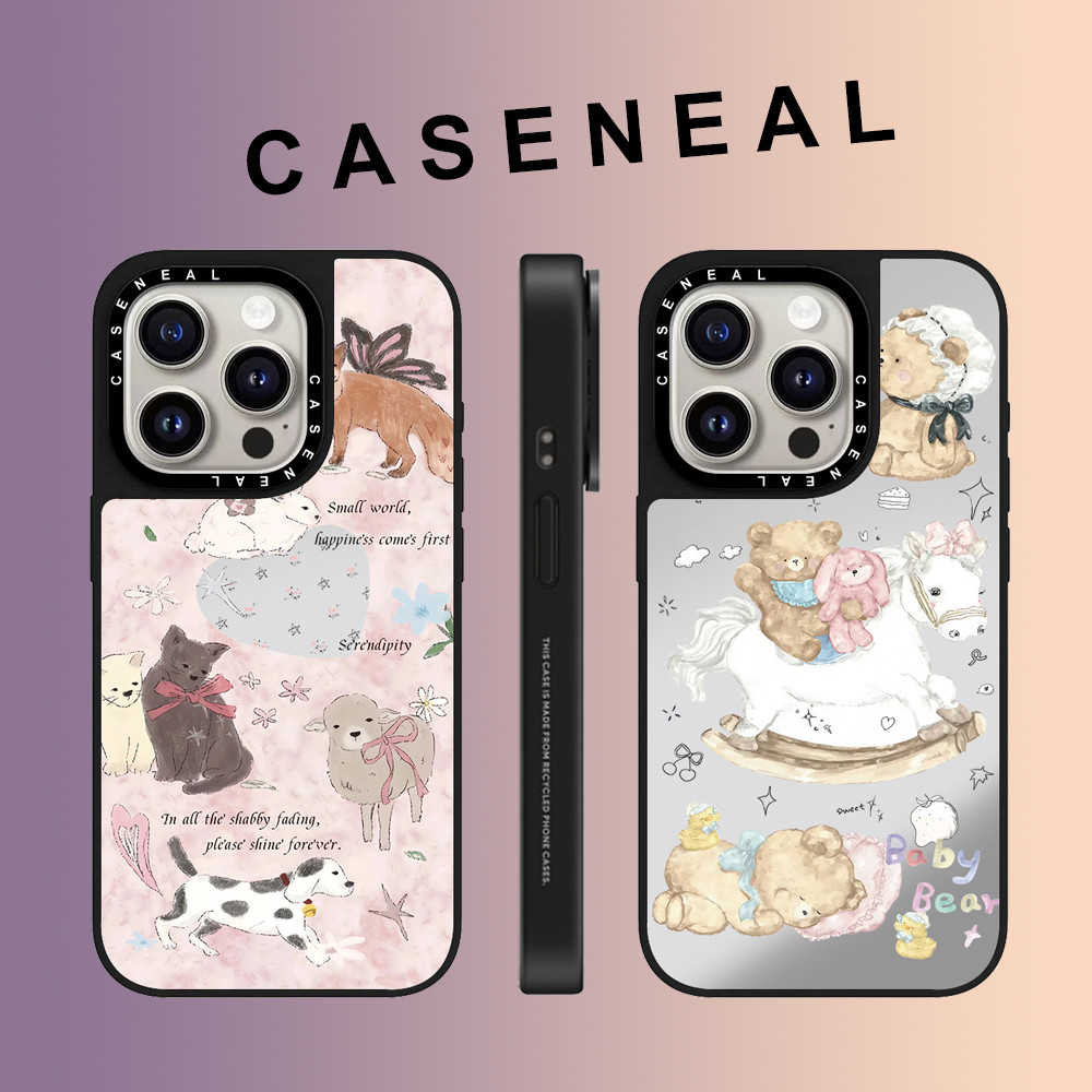 CASENEAL Graffiti Bowหมีกระต่ายกระจกFaceเคสโทรศัพท์สําหรับiPhone 16 Pro Max 15 Plus 14 ProMax 13 12Pro 11 โทรศัพท์กันกระแทกSoft Edge Hardป้องกันกรณี