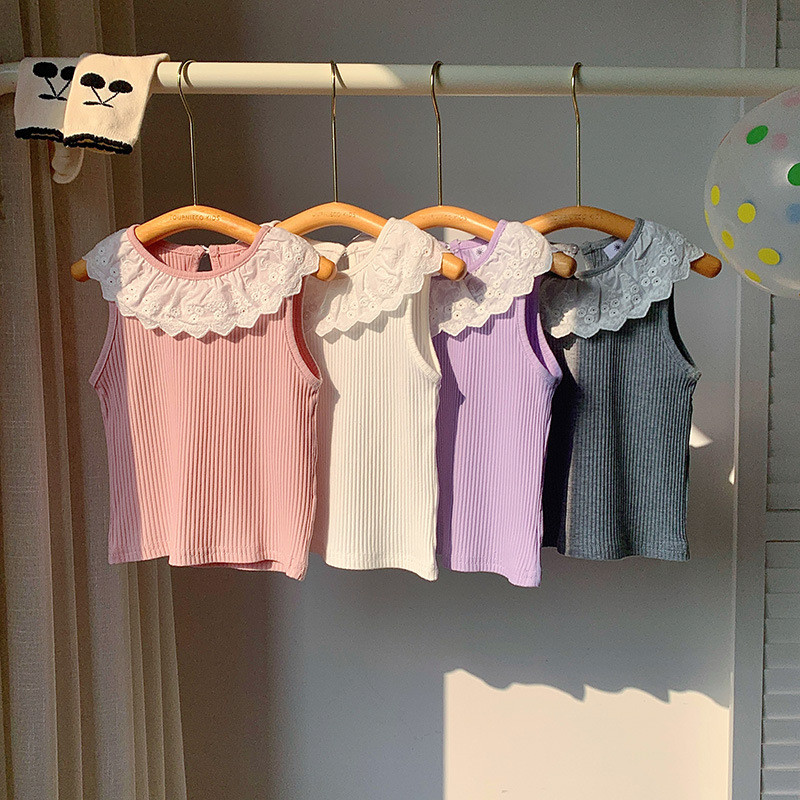 สาวเสื้อยืดแขนสั้นผ้าฝ้ายลูกไม้ตุ๊กตาปก จม ลายเด็กลูกไม้คอสั้นถักลูกไม้เสื้อยืดเด็กเสื้อกั๊ก