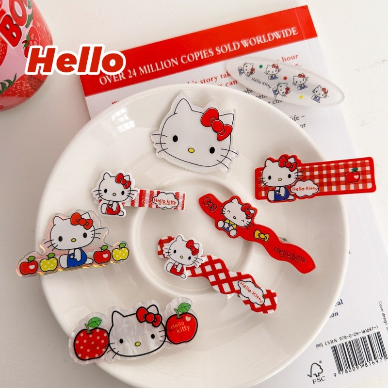 กิ๊บการ์ตูนน่ารัก ลายสก๊อตสีแดง พร้อมแมวและเป็ด สำหรับตกแต่งเส้นผม