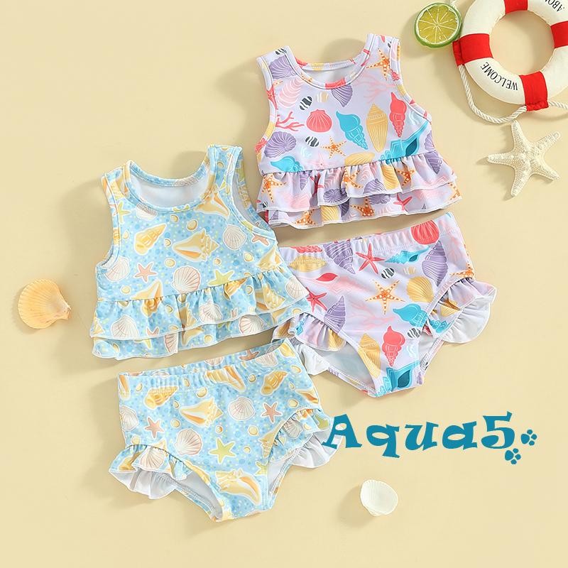 AQQ-Toddler Girl ́ ฤดูร้อนบิกินี่ 2 ชิ้นชุดปลาดาวพิมพ์แขนกุดรอบคอ Ruffled Tank Tops พร้อมกางเกงขาสั้นชุดว่ายน้ํา