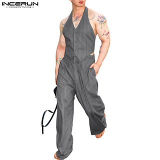 INCERUN ผู้ชายแฟชั่นธุรกิจเกาหลี V คอปุ่มแขนกุดขากว้างชุดสูท…