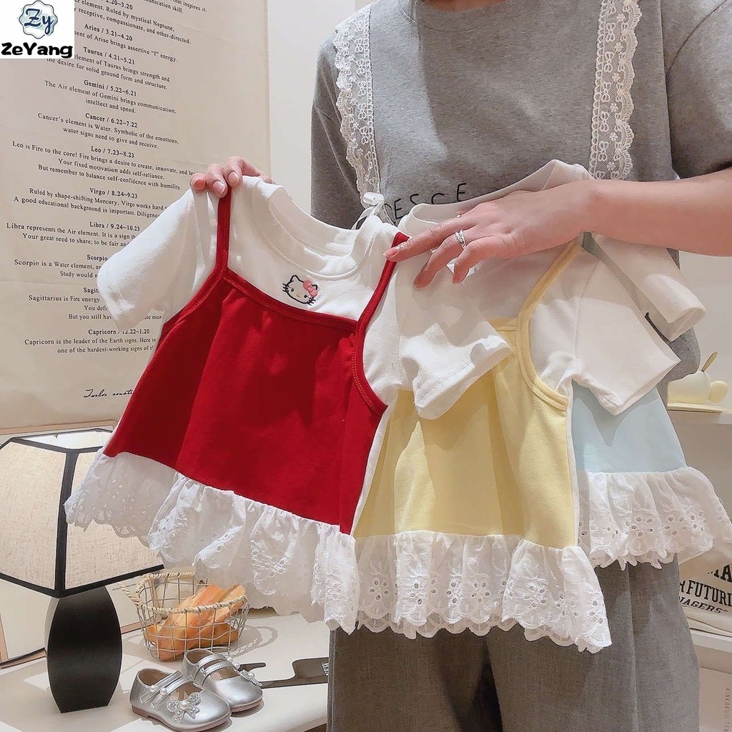 [ZY] 70-150 พร้อมสต็อกเด็กผ้าฝ้ายแท้ปลอมสองชิ้นเสื้อยืดปักแขนสั้นเสื้อยืดหญิงทารกหวานลูกไม้สั้น T ทั้งหมด-