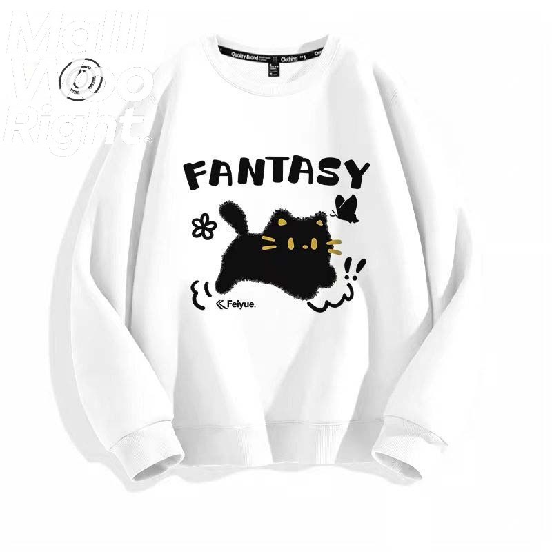 (จัดส่งตลอด 24 ชั่วโมง)Woo Right เสื้อสเวตเตอร์แขนยาวไม่มีหมวกสำหรับผู้ชาย พิมพ์ลายแมวคอกลมลำลองทรงหลวม ยืดหยุ่นดี