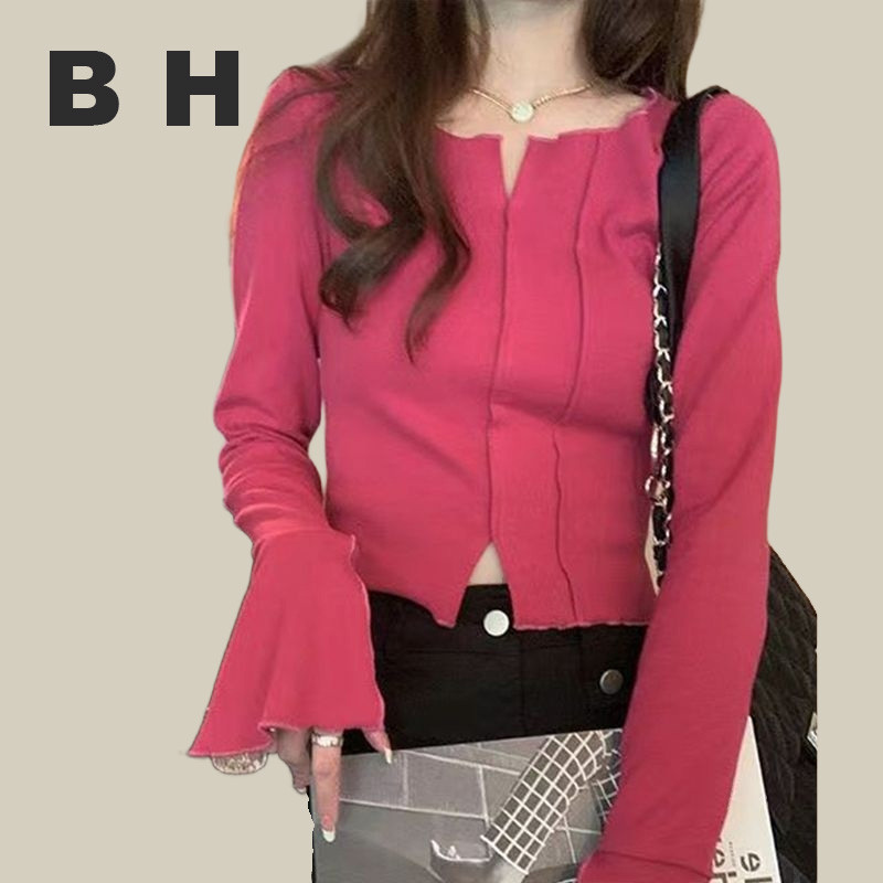 Bh เสื้อคอกลม แขนยาว ผ้ากํามะหยี่ ผ่าข้าง ตัวสั้น สําหรับผู้หญิง