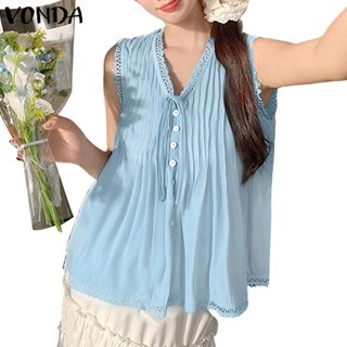 VONDA ผู้หญิงเกาหลี Gentle Girlish สไตล์ V คอปุ่มตกแต่ง Bowk…