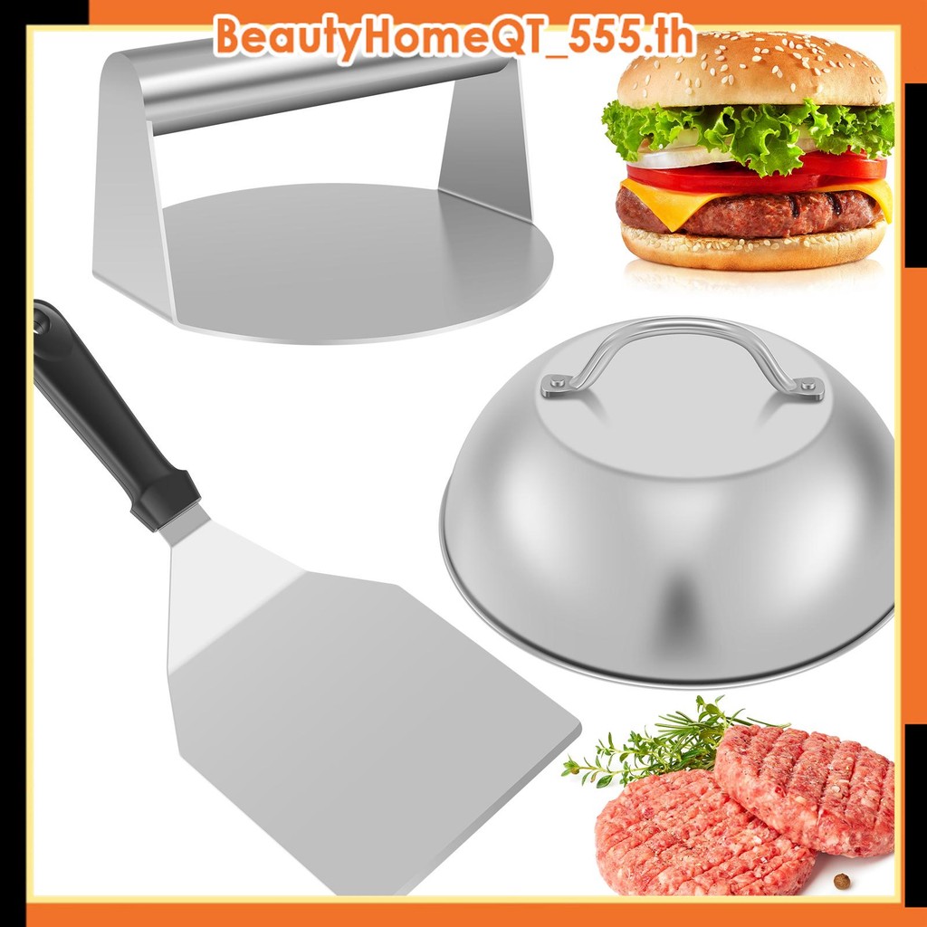 Smash Burger Kit พร้อมฝาปิด Griddle Spatula 5.5 นิ้วสแตนเลส Burger กด 8.9 นิ้ว Basting ฝาครอบ 13.38 x 5.5 นิ้วย่างไม้พาย Non-Stick สําหรับแบน Top Griddle SHOPQJC7013