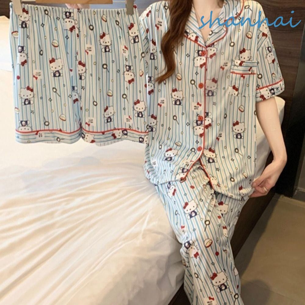 SHANHAI ชุดนอนคิตตี้ ,แขนยาวแถบสีฟ้ากางเกงคิตตี้, Kawaii Anime KT Cat 3 ชิ้นชุด Leisure Kitty ชุดนอนชุดของขวัญสาว