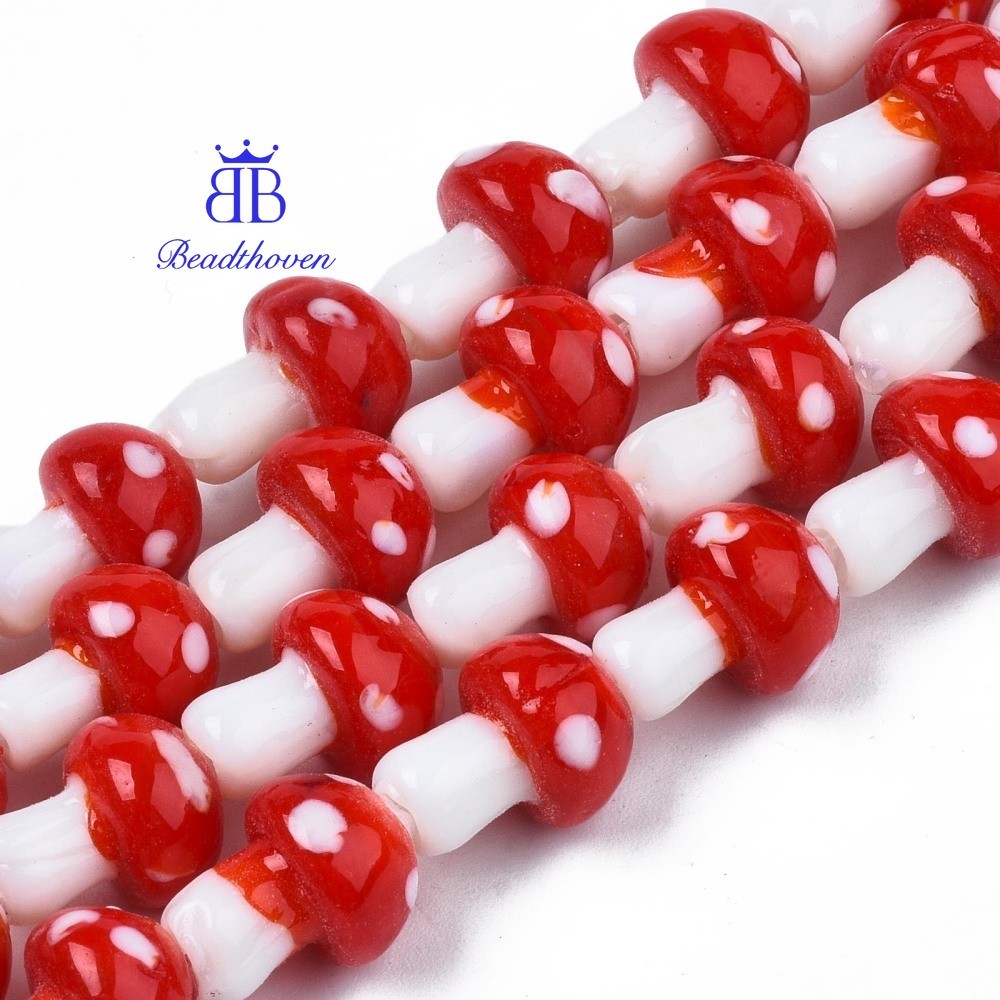 1 เส้น ธีมฤดูใบไม้ร่วงเห็ด Handmade Lampwork ลูกปัด Strands สีแดง 12.5 ~ 14x10 ~ 11 มม. รู: 1.5 มม. ประมาณ 24 ~ 25 ชิ้น/เส้น 12.20 นิ้ว ~ 12.99 นิ้ว (31 ซม. ~ 33 ซม.)