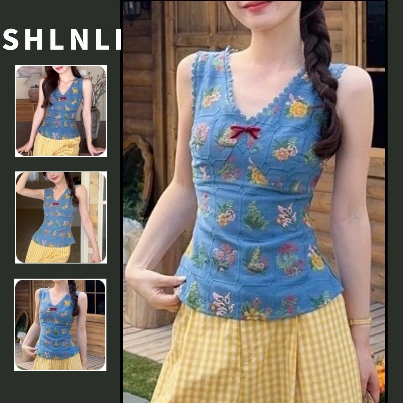 ฤดูร้อนคอวีสลิมฟิตพิมพ์ถังผู้หญิงพืชสัมผัสสั้นสไตล์สลิมมิ่งด้านบน