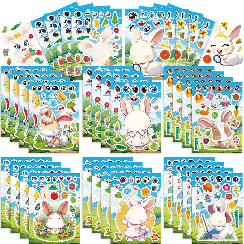8/16sheets Make a Face Rabbit Puzzle Stickers Cute Easter Children DIY Jigsaw Game Decals Funny Kid 